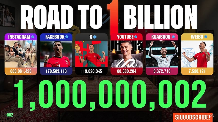 <div class="paragraphs"><p>Screengrab of the moment Ronaldo surpassed 1 billion followers on social media, from his live stream.</p></div>